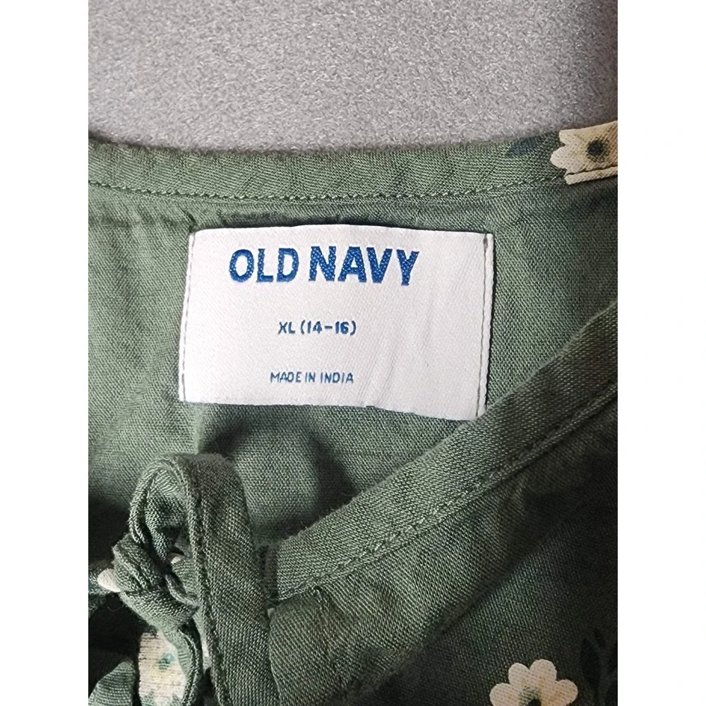 Old Navy Girls XL 14-16 Sage Green Floral Tiered Babydoll Dress Puff Sleeve